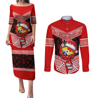 Personalised Tonga Christmas Couples Matching Puletasi Dress and Long Sleeve Button Shirts Tongan Coat of Arms Santa With Ngatu Pattern Christmas Red Style LT03 Red - Polynesian Pride