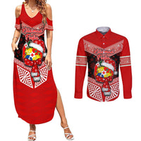 Personalised Tonga Christmas Couples Matching Summer Maxi Dress and Long Sleeve Button Shirts Tongan Coat of Arms Santa With Ngatu Pattern Christmas Red Style LT03 Red - Polynesian Pride