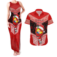 Personalised Tonga Christmas Couples Matching Tank Maxi Dress and Hawaiian Shirt Tongan Coat of Arms Santa With Ngatu Pattern Christmas Red Style LT03 Red - Polynesian Pride