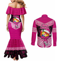 Tonga Christmas Couples Matching Mermaid Dress and Long Sleeve Button Shirts Tongan Coat of Arms Santa With Ngatu Pattern Christmas Pink Style LT03 - Polynesian Pride