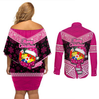 Tonga Christmas Couples Matching Off Shoulder Short Dress and Long Sleeve Button Shirts Tongan Coat of Arms Santa With Ngatu Pattern Christmas Pink Style LT03 - Polynesian Pride