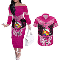 Tonga Christmas Couples Matching Off The Shoulder Long Sleeve Dress and Hawaiian Shirt Tongan Coat of Arms Santa With Ngatu Pattern Christmas Pink Style LT03 Pink - Polynesian Pride