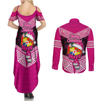 Tonga Christmas Couples Matching Summer Maxi Dress and Long Sleeve Button Shirts Tongan Coat of Arms Santa With Ngatu Pattern Christmas Pink Style LT03 - Polynesian Pride