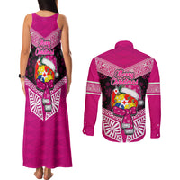 Tonga Christmas Couples Matching Tank Maxi Dress and Long Sleeve Button Shirts Tongan Coat of Arms Santa With Ngatu Pattern Christmas Pink Style LT03 - Polynesian Pride