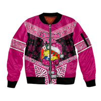 Tonga Christmas Sleeve Zip Bomber Jacket Tongan Coat of Arms Santa With Ngatu Pattern Christmas Pink Style LT03 Unisex Pink - Polynesian Pride