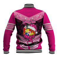 Personalised Tonga Christmas Baseball Jacket Tongan Coat of Arms Santa With Ngatu Pattern Christmas Pink Style LT03 - Polynesian Pride
