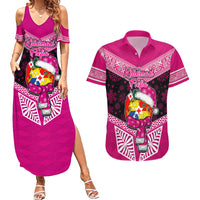 Personalised Tonga Christmas Couples Matching Summer Maxi Dress and Hawaiian Shirt Tongan Coat of Arms Santa With Ngatu Pattern Christmas Pink Style LT03 Pink - Polynesian Pride