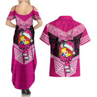 Personalised Tonga Christmas Couples Matching Summer Maxi Dress and Hawaiian Shirt Tongan Coat of Arms Santa With Ngatu Pattern Christmas Pink Style LT03 - Polynesian Pride