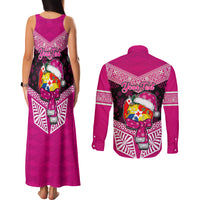 Personalised Tonga Christmas Couples Matching Tank Maxi Dress and Long Sleeve Button Shirts Tongan Coat of Arms Santa With Ngatu Pattern Christmas Pink Style LT03 - Polynesian Pride