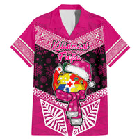 Personalised Tonga Christmas Family Matching Mermaid Dress and Hawaiian Shirt Tongan Coat of Arms Santa With Ngatu Pattern Christmas Pink Style LT03 Dad's Shirt - Short Sleeve Pink - Polynesian Pride