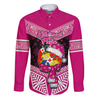 Personalised Tonga Christmas Family Matching Short Sleeve Bodycon Dress and Hawaiian Shirt Tongan Coat of Arms Santa With Ngatu Pattern Christmas Pink Style LT03 Dad's Shirt - Long Sleeve Pink - Polynesian Pride