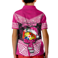 Personalised Tonga Christmas Kid Polo Shirt Tongan Coat of Arms Santa With Ngatu Pattern Christmas Pink Style LT03 - Polynesian Pride