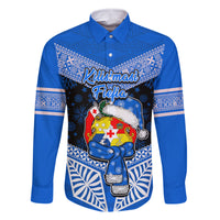 Tonga Christmas Family Matching Summer Maxi Dress and Hawaiian Shirt Tongan Coat of Arms Santa With Ngatu Pattern Christmas Blue Style LT03 Dad's Shirt - Long Sleeve Blue - Polynesian Pride