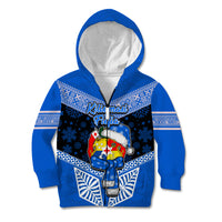 Tonga Christmas Kid Hoodie Tongan Coat of Arms Santa With Ngatu Pattern Christmas Blue Style LT03 Zip Hoodie Blue - Polynesian Pride