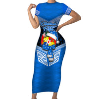 Tonga Christmas Short Sleeve Bodycon Dress Tongan Coat of Arms Santa With Ngatu Pattern Christmas Blue Style LT03 Long Dress Blue - Polynesian Pride