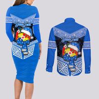 Personalised Tonga Christmas Couples Matching Long Sleeve Bodycon Dress and Long Sleeve Button Shirts Tongan Coat of Arms Santa With Ngatu Pattern Christmas Blue Style LT03 - Polynesian Pride