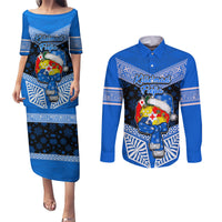 Personalised Tonga Christmas Couples Matching Puletasi Dress and Long Sleeve Button Shirts Tongan Coat of Arms Santa With Ngatu Pattern Christmas Blue Style LT03 Blue - Polynesian Pride