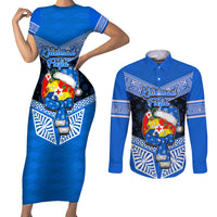 Personalised Tonga Christmas Couples Matching Short Sleeve Bodycon Dress and Long Sleeve Button Shirts Tongan Coat of Arms Santa With Ngatu Pattern Christmas Blue Style LT03 Blue - Polynesian Pride