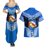 Personalised Tonga Christmas Couples Matching Summer Maxi Dress and Hawaiian Shirt Tongan Coat of Arms Santa With Ngatu Pattern Christmas Blue Style LT03 - Polynesian Pride