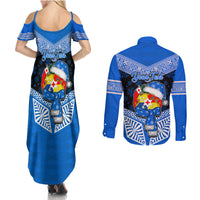 Personalised Tonga Christmas Couples Matching Summer Maxi Dress and Long Sleeve Button Shirts Tongan Coat of Arms Santa With Ngatu Pattern Christmas Blue Style LT03 - Polynesian Pride