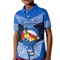 Personalised Tonga Christmas Kid Polo Shirt Tongan Coat of Arms Santa With Ngatu Pattern Christmas Blue Style LT03 Kid Blue - Polynesian Pride