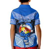 Personalised Tonga Christmas Kid Polo Shirt Tongan Coat of Arms Santa With Ngatu Pattern Christmas Blue Style LT03 - Polynesian Pride