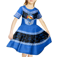 Personalised Tonga Christmas Kid Short Sleeve Dress Tongan Coat of Arms Santa With Ngatu Pattern Christmas Blue Style LT03 - Polynesian Pride