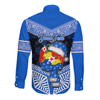 Personalised Tonga Christmas Long Sleeve Button Shirt Tongan Coat of Arms Santa With Ngatu Pattern Christmas Blue Style LT03 - Polynesian Pride