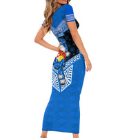 Personalised Tonga Christmas Short Sleeve Bodycon Dress Tongan Coat of Arms Santa With Ngatu Pattern Christmas Blue Style LT03 - Polynesian Pride