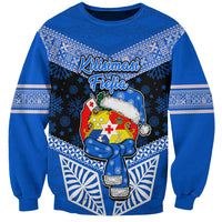 Personalised Tonga Christmas Sweatshirt Tongan Coat of Arms Santa With Ngatu Pattern Christmas Blue Style LT03 Unisex Blue - Polynesian Pride