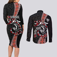 Aotearoa Toitu Te Tiriti Couples Matching Long Sleeve Bodycon Dress and Long Sleeve Button Shirt Maori Taniwha Haka - Honour the Treaty LT03