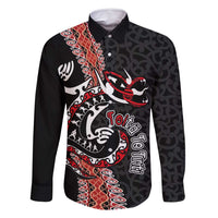 Aotearoa Toitu Te Tiriti Family Matching Summer Maxi Dress and Hawaiian Shirt Maori Taniwha Haka - Honour the Treaty LT03 Dad's Shirt - Long Sleeve Black - Polynesian Pride