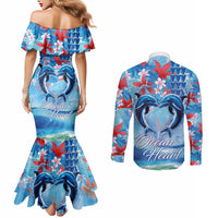 Hawaiian Dolphin Love Couple - Ocean Heart Couples Matching Mermaid Dress and Long Sleeve Button Shirt