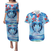 Hawaiian Dolphin Love Couple - Ocean Heart Couples Matching Puletasi and Hawaiian Shirt