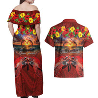 Hawaiian Turtle Love Couple Couples Matching Off Shoulder Maxi Dress and Hawaiian Shirt Ocean Serenade - Honu Honi Ihu with Hibiscus and Romantic Sunset Red Color