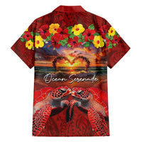 Hawaiian Turtle Love Couple Hawaiian Shirt Ocean Serenade - Honu Honi Ihu with Hibiscus and Romantic Sunset Red Color