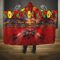 Hawaiian Turtle Love Couple Hooded Blanket Ocean Serenade - Honu Honi Ihu with Hibiscus and Romantic Sunset Red Color