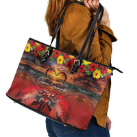 Hawaiian Turtle Love Couple Leather Tote Bag Ocean Serenade - Honu Honi Ihu with Hibiscus and Romantic Sunset Red Color LT03 - Polynesian Pride