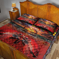 Hawaiian Turtle Love Couple Quilt Bed Set Ocean Serenade - Honu Honi Ihu with Hibiscus and Romantic Sunset Red Color