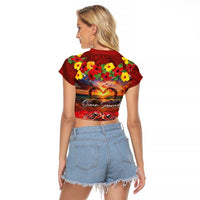 Hawaiian Turtle Love Couple Raglan Cropped T Shirt Ocean Serenade - Honu Honi Ihu with Hibiscus and Romantic Sunset Red Color LT03 - Polynesian Pride