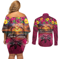Hawaiian Turtle Love Couple Couples Matching Off Shoulder Short Dress and Long Sleeve Button Shirt Ocean Serenade - Honu Honi Ihu with Hibiscus and Romantic Sunset Pink Color