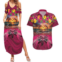 Hawaiian Turtle Love Couple Couples Matching Summer Maxi Dress and Hawaiian Shirt Ocean Serenade - Honu Honi Ihu with Hibiscus and Romantic Sunset Pink Color