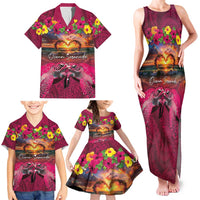 Hawaiian Turtle Love Couple Family Matching Tank Maxi Dress and Hawaiian Shirt Ocean Serenade - Honu Honi Ihu with Hibiscus and Romantic Sunset Pink Color