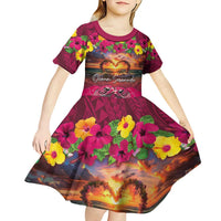 Hawaiian Turtle Love Couple Kid Short Sleeve Dress Ocean Serenade - Honu Honi Ihu with Hibiscus and Romantic Sunset Pink Color LT03 - Polynesian Pride
