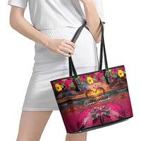 Hawaiian Turtle Love Couple Leather Tote Bag Ocean Serenade - Honu Honi Ihu with Hibiscus and Romantic Sunset Pink Color LT03 - Polynesian Pride