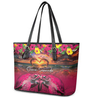 Hawaiian Turtle Love Couple Leather Tote Bag Ocean Serenade - Honu Honi Ihu with Hibiscus and Romantic Sunset Pink Color LT03 - Polynesian Pride