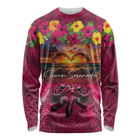 Hawaiian Turtle Love Couple Long Sleeve Shirt Ocean Serenade - Honu Honi Ihu with Hibiscus and Romantic Sunset Pink Color