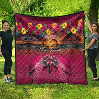 Hawaiian Turtle Love Couple Quilt Ocean Serenade - Honu Honi Ihu with Hibiscus and Romantic Sunset Pink Color