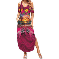 Hawaiian Turtle Love Couple Summer Maxi Dress Ocean Serenade - Honu Honi Ihu with Hibiscus and Romantic Sunset Pink Color LT03 Women Pink - Polynesian Pride
