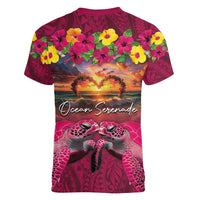 Hawaiian Turtle Love Couple Women V-Neck T-Shirt Ocean Serenade - Honu Honi Ihu with Hibiscus and Romantic Sunset Pink Color LT03 - Polynesian Pride